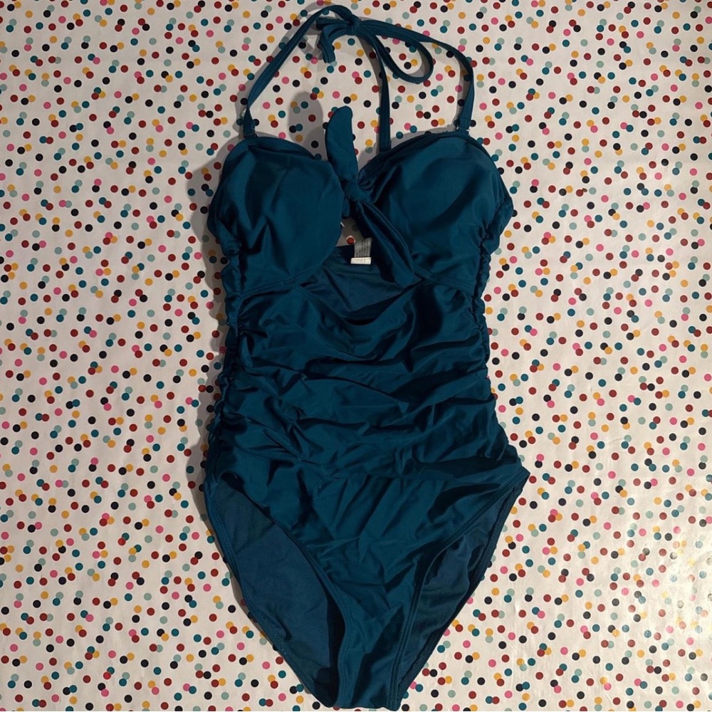Teal halter neck one piece swimsuit